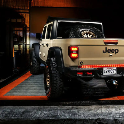 Rear view of Jeep Gladiator JT with 60” Double Row LED Truck Tailgate Light Bar installed.