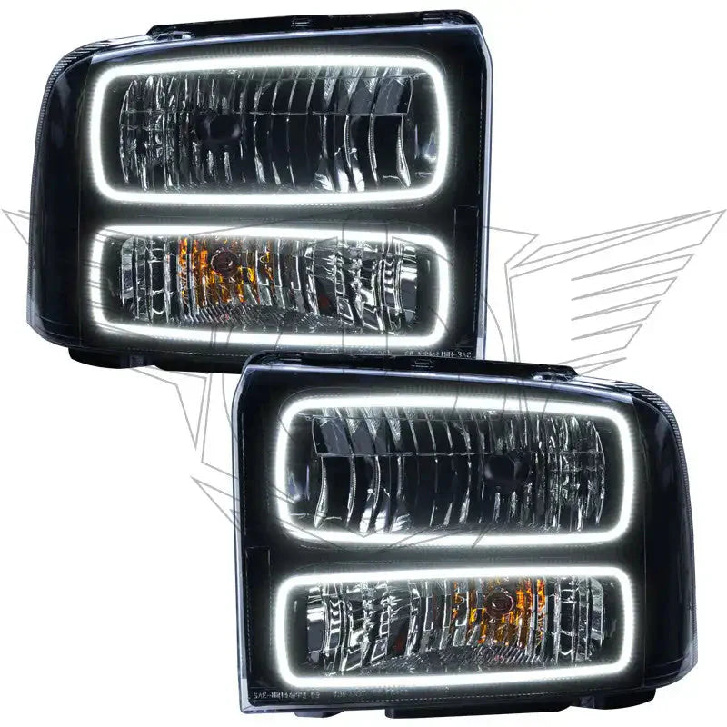 Ford Super Duty headlights with white LED halo rings.