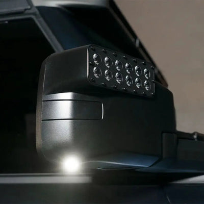 Close-up of a LED Side Mirror installed on a Ford Bronco with Puddle Light upgrade
