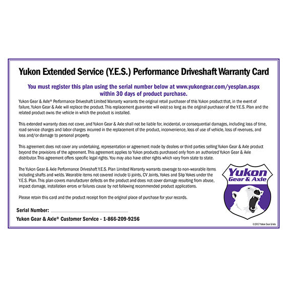 Yukon Gear & Axle Extended Service (Yes) Plan Warranty For Performance Driveshafts Y.E.S. Driveshaft - Extended Service Warranty Yukon Gear