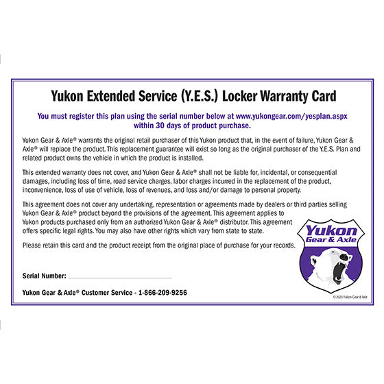 Yukon Gear & Axle Extended Service (Yes) Plan Warranty For Grizzly Or Zip Lockers Y.E.S. Locker - Extended Service Warranty Zip & Grizzly Sales Only Yukon Gear