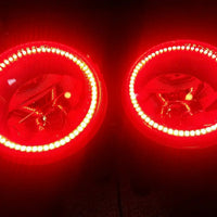 2010-2017 Jeep Wrangler JK Red LED Halo Pre-Assembled Fog Lights with red halos.
